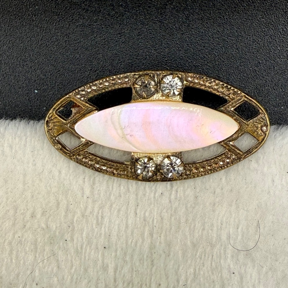 Vintage Art Nouveau Brooch‎ Gold Tone Paste Rhinestone Mother of Pearl